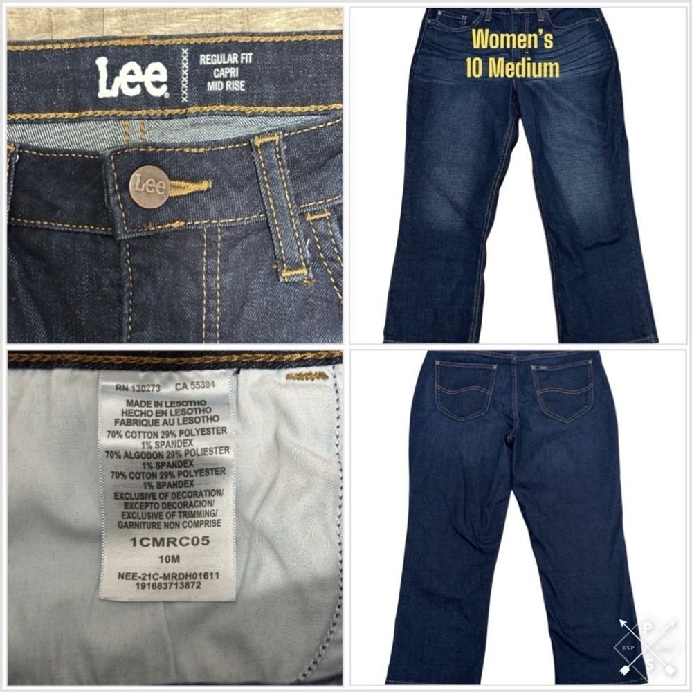 Women’s Lee 10 Medium Mid Rise Capri Jeans Denim Navy Blue Dark Wash Reg Fit